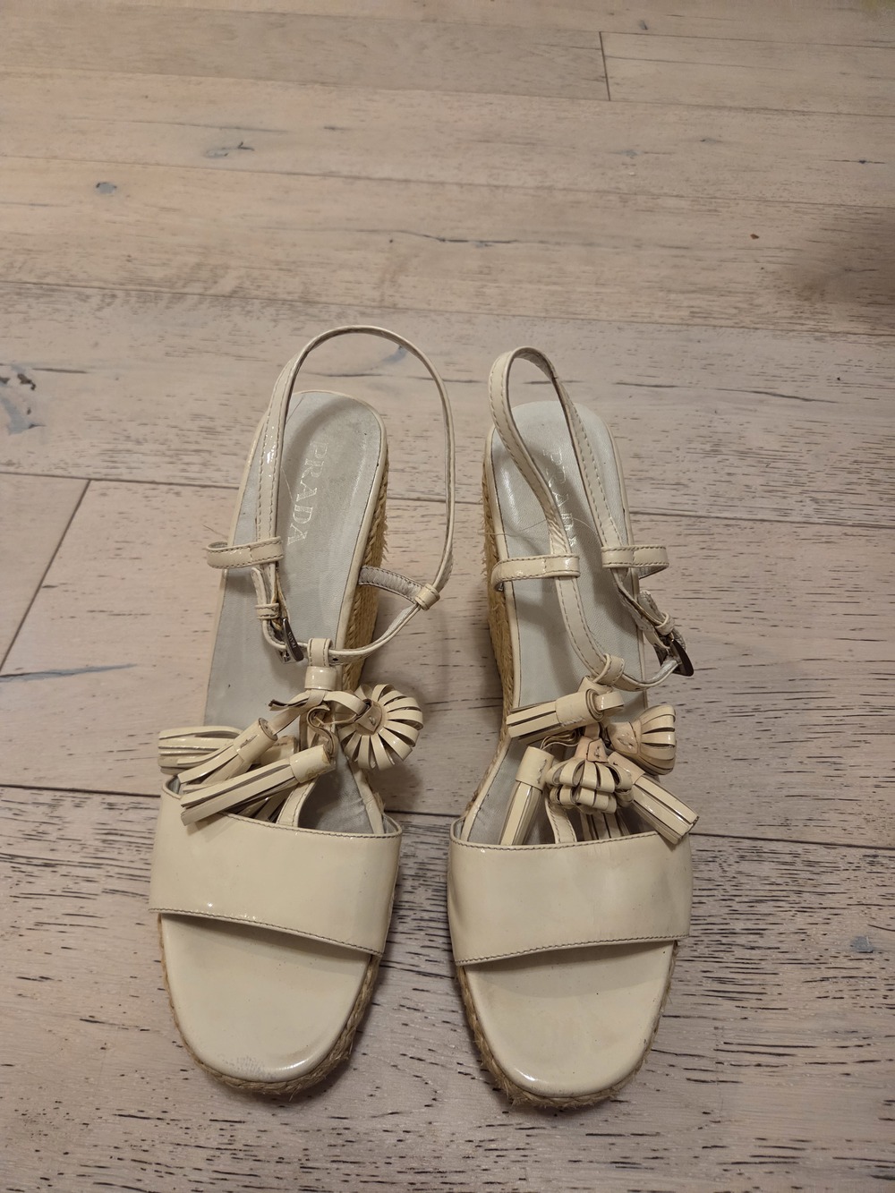 PRADA Cream Patent Leather Tassel Espadrille Wedges - Size 40 / 10 US